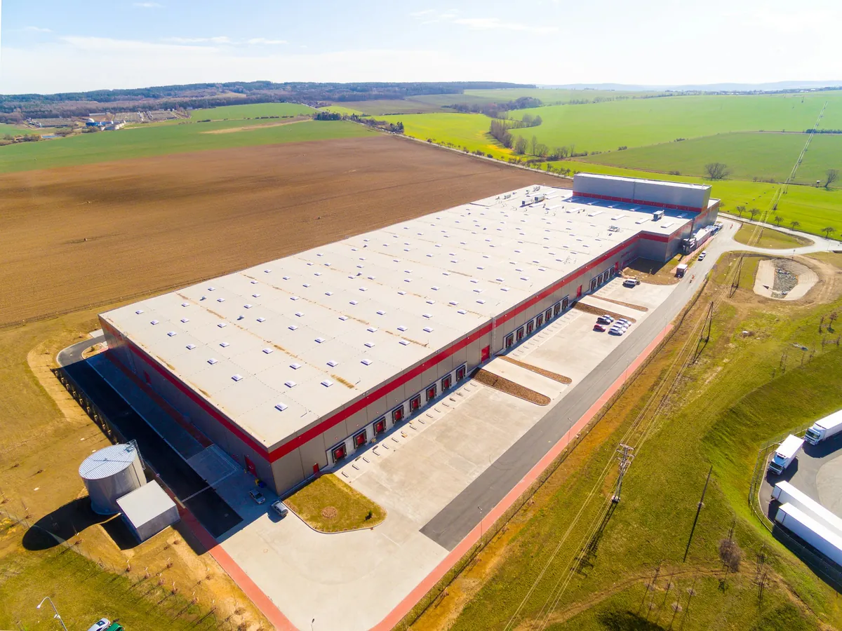 Aerial view of large industrial warehouse facility